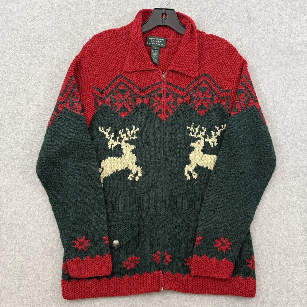 VTG Ralph Lauren Hand Knit Sweater Reindeer Silver Buttons Small Linen Red Green